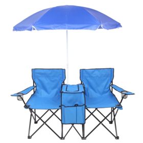 2-Seat Outdoor Folding Chair with Removable Umbrella for Beach, Camping and Fishing, Blue