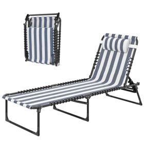 Folding Chaise Lounge Pool Chair with 4-Position Reclining Back, Pillow, Breathable Mesh & Bungee Seat, Blue & White (Option: Blue and White-750x150x610 mm)